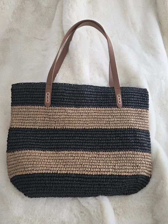 Tommy Bahama Striped Straw Beach Tote Bag in Black & Tan - Picture 3 of 4